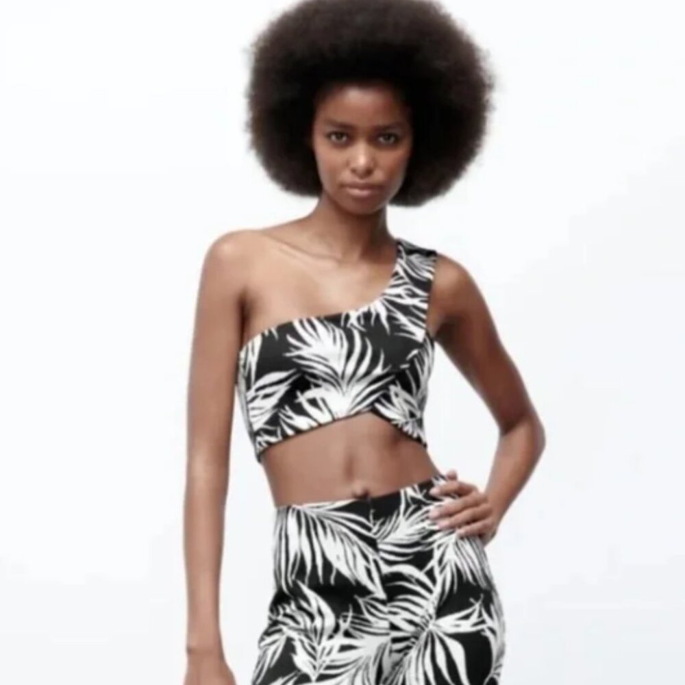 NWT! Zara One Shoulder Palm Print Floral Jacquard Cross Over Crop Top | S